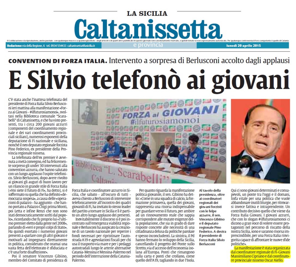 LA SICILIA 20 APRILE, prima pagina Berlusconi